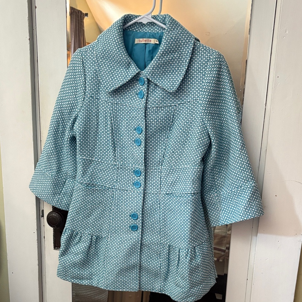 Tullette size Medium Women’s Aqua blue and white checked Peplum Coat